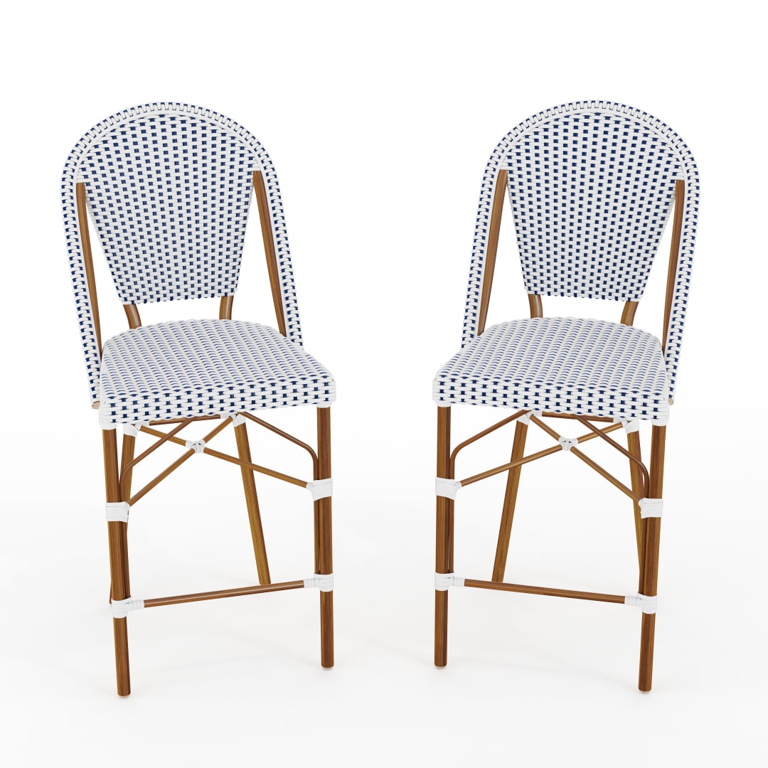 Lily Pond Set of 2 Indoor-Outdoor Stackable Bistro Counter Stools with Natural Woodgrain Aluminum Finish Frame, White/Navy Woven Rattan Back/Seat