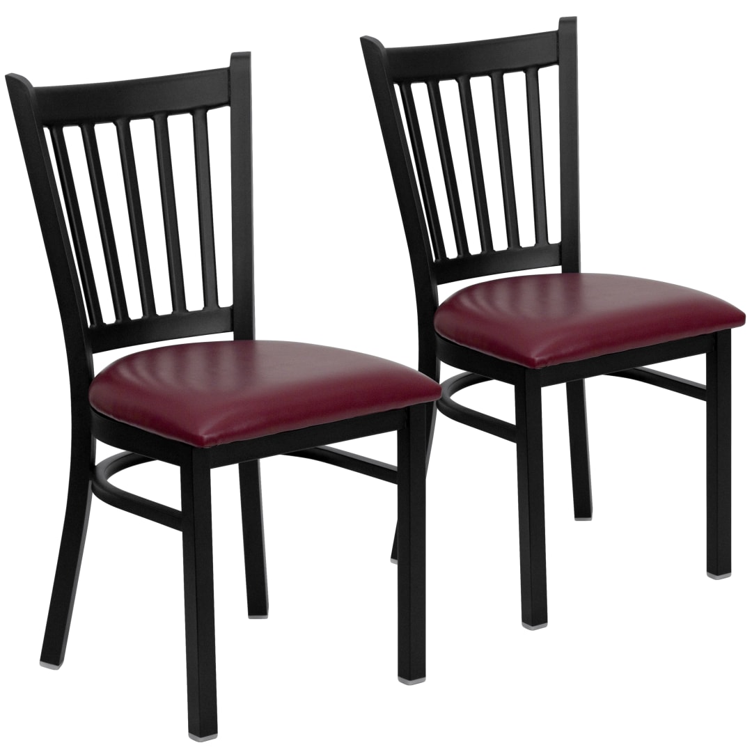 2 Pack HERCULES Series Black Vertical Back Metal Restaurant Chair - Burgundy Vinyl Seat