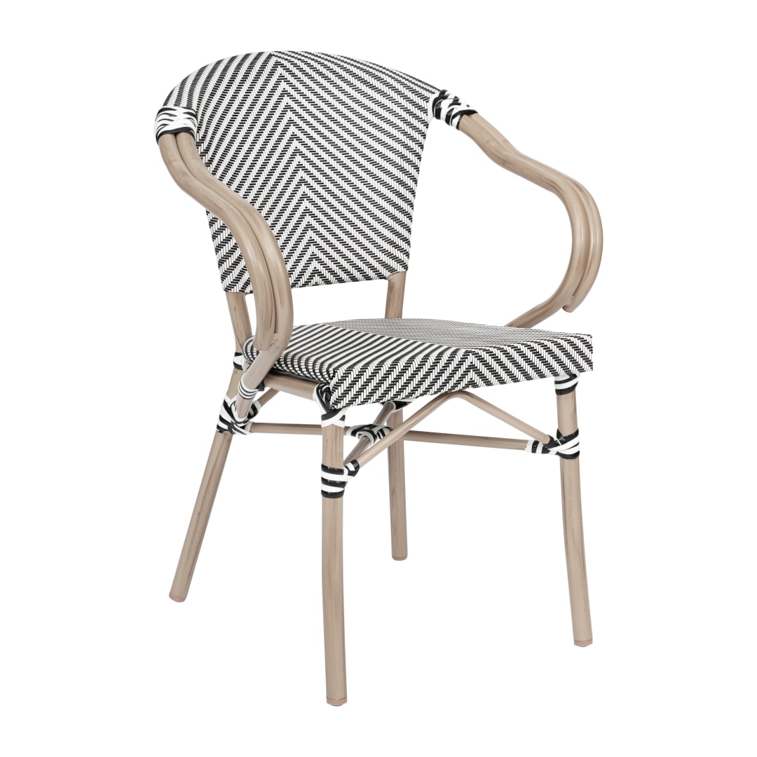 Marseille Indoor/Outdoor Commercial Bistro Stacking Chair with Arms, Black/White Textilene and Bamboo Print Aluminum Frame in LT Natural