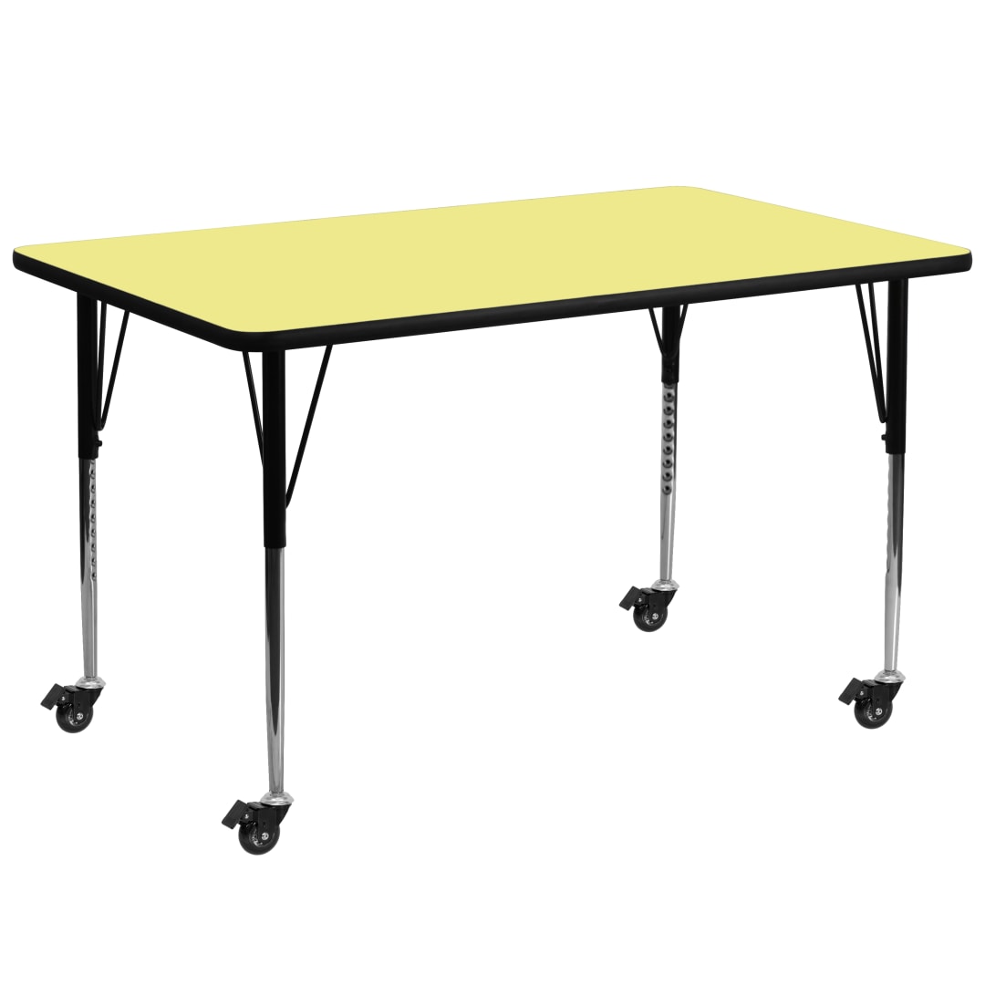 Wren Mobile 30''W x 72''L Rectangular Yellow Thermal Laminate Activity Table - Standard Height Adjustable Legs