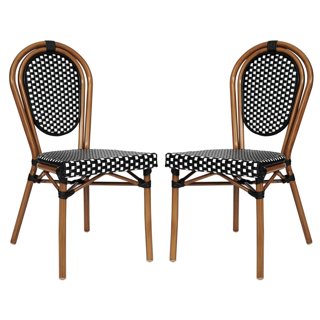 2 Pack Lourdes Indoor/Outdoor Commercial Thonet Bistro Stack Chair Natural/White PE Rattan and Bamboo Aluminum Frame in Natural