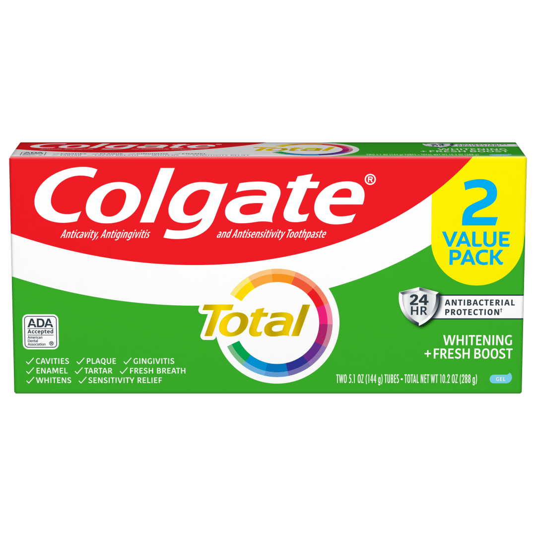 Colgate Total Whitening + Fresh Boost Toothpaste, Mint Toothpaste, 5.1 oz Tube, 2 Pack