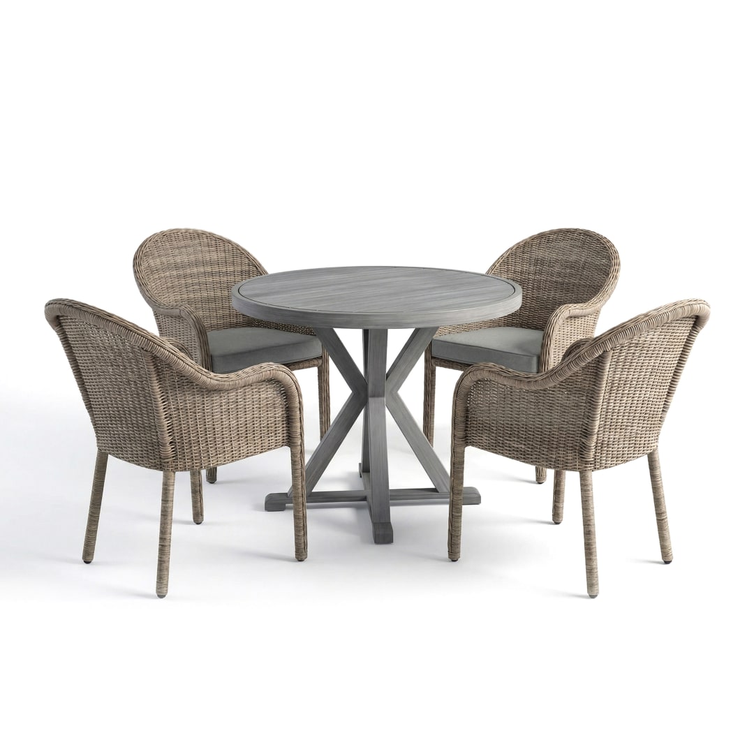 Bedford 5 Piece Patio Set, 4 Stacking Weathered Gray Rattan Wicker Chairs, Gray Cushions, 36" Round Gray Brushed Woodgrain Aluminum Trestle Base Table