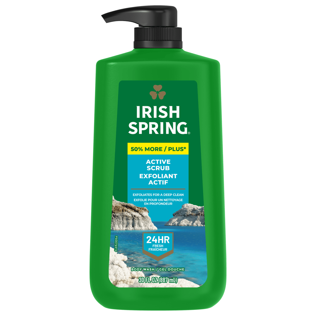 Irish Spring Active Scrub Exfoliating Body Wash for Men, 24-Hour Fresh, Face and Body Wash, Men’s Body Wash, Biodegradable Ingredients, Paraben Free, Cool Fresh Scent, 887 mL Pump Bottle