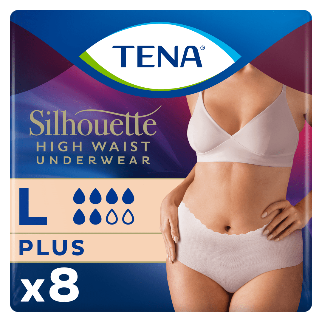 TENA Silhouette Plus High Waist – Elegant Discreet Incontinence Underwear for Women, Moderate to Heavy Leakage Protection, Stylish Design &amp; Triple Protection, Crème, Large, Pack of 8
