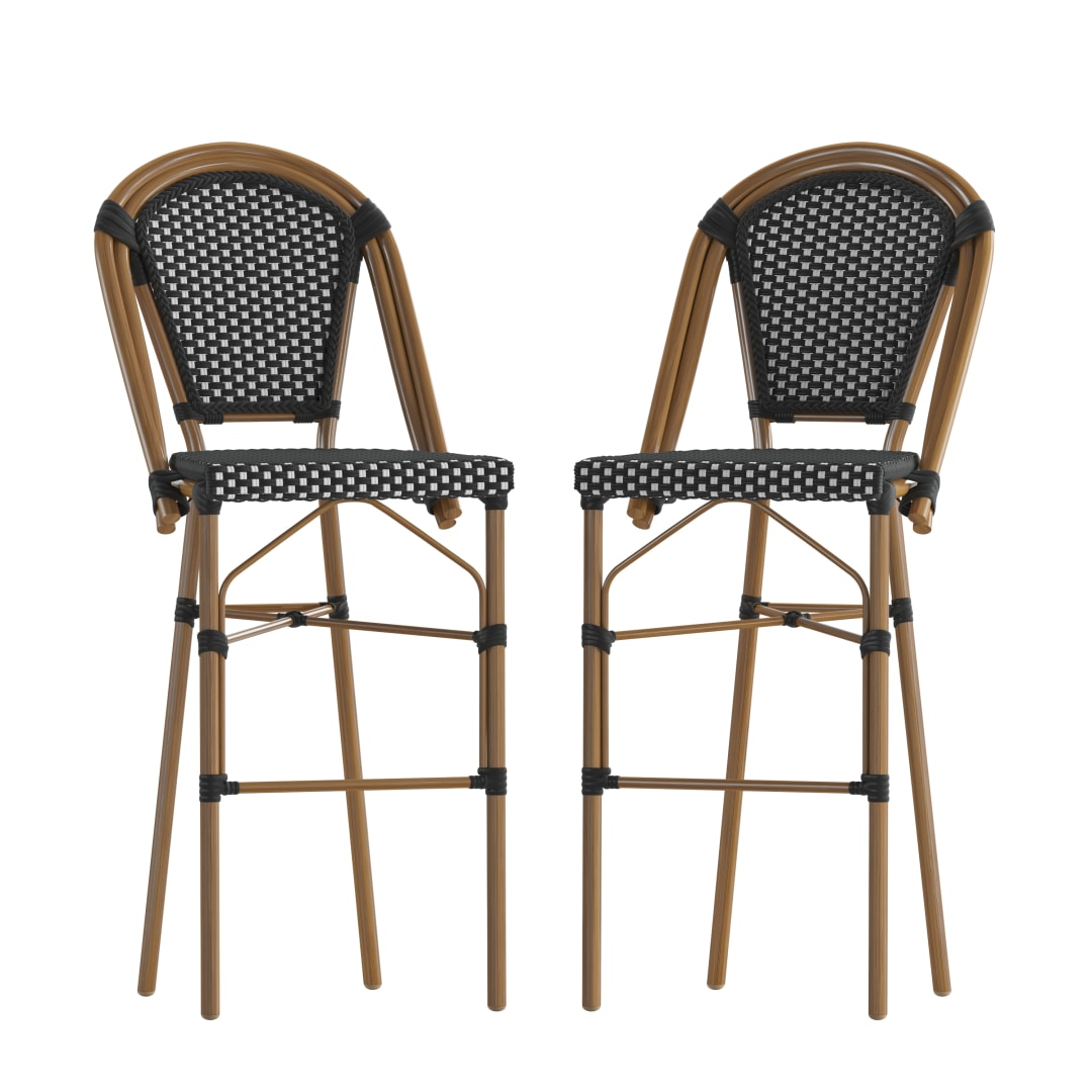 Bordeaux Set of 2 Stackable Indoor/Outdoor Bistro 30" High Barstools, Commercial Grade, Black/White and Bamboo Finish
