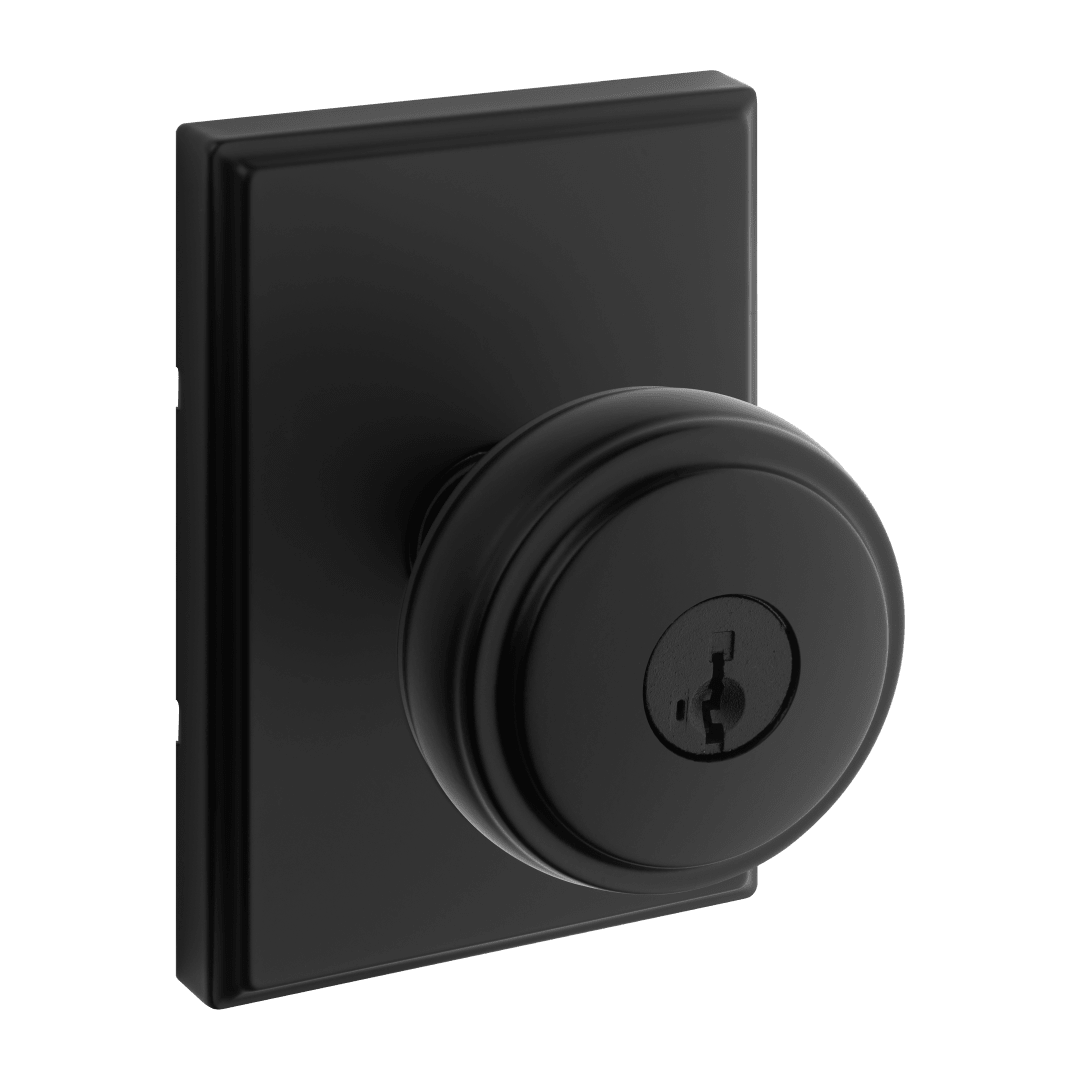 Sora Keyed Entry Knob w/ Rectangular Rose featuring SmartKey Security™ in Matte Black