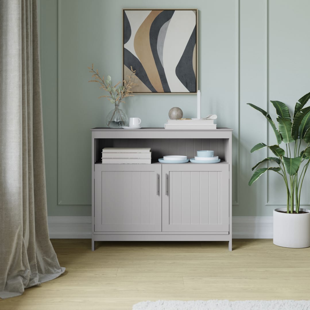 Mayfield 40" Classic Buffet and Sideboard with Double Door Storage Cabinet and Open Storage Shelf in Gray