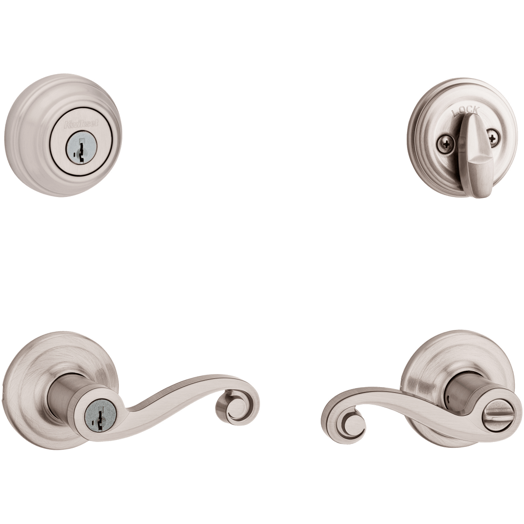 991 Lido Keyed Entry Lever and Single Cylinder Deadbolt Combo Pack featuring SmartKey Security™ in Polished Brass