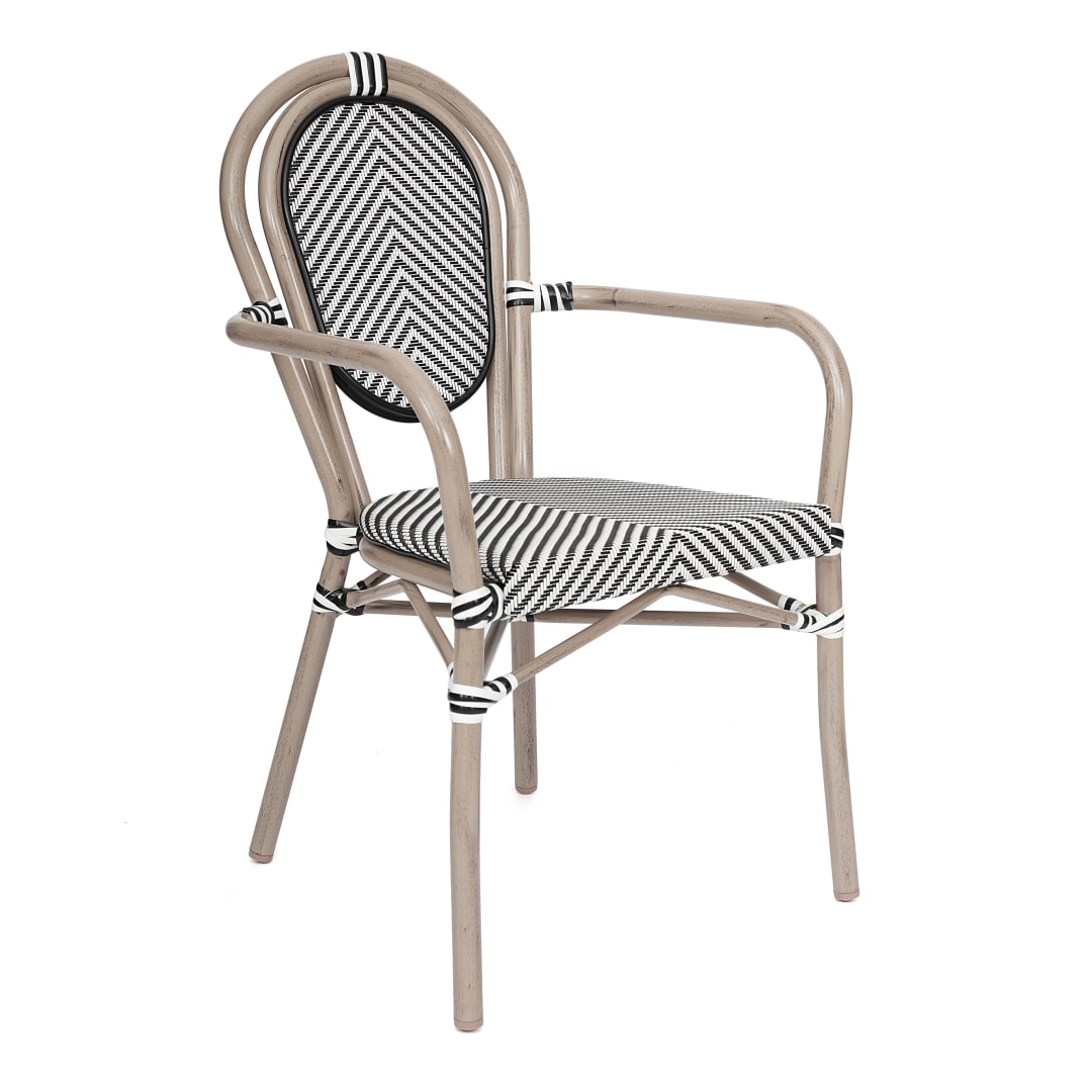 Marseille Indoor/Outdoor Commercial Thonet Bistro Stacking Chair with Arms, Black/White Textilene and Bamboo Print Aluminum Frame in Natural
