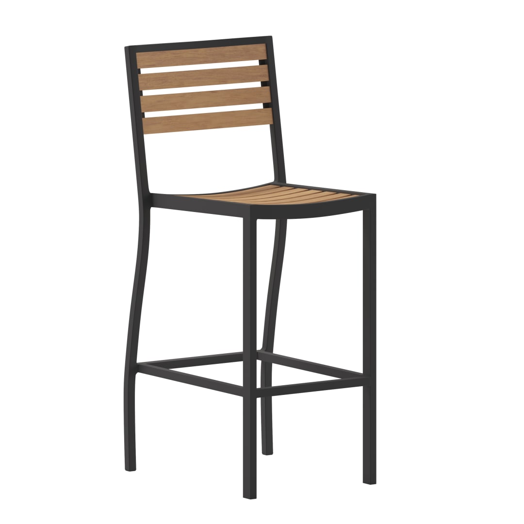 Lark Commercial Grade Bar Height Stool, All-Weather Outdoor Bar Stool with Faux Wood Poly Resin Slats and Aluminum Frame, Teak