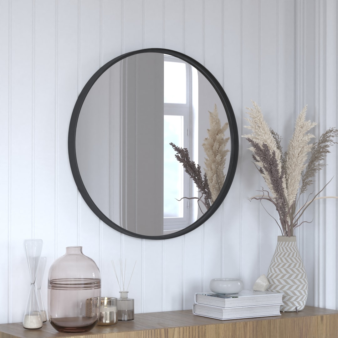 Jennifer 27.5" Round Black Metal Framed Wall Mirror - Large Accent Mirror for Bathroom, Vanity, Entryway, Dining Room, &amp; Living Room