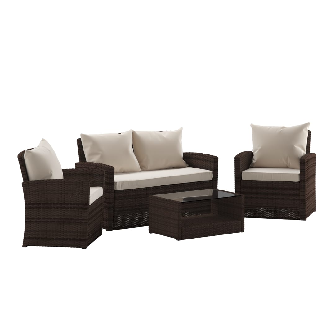 Aransas Series 4 Piece Brown Patio Set with Beige Back Pillows and Seat Cushions