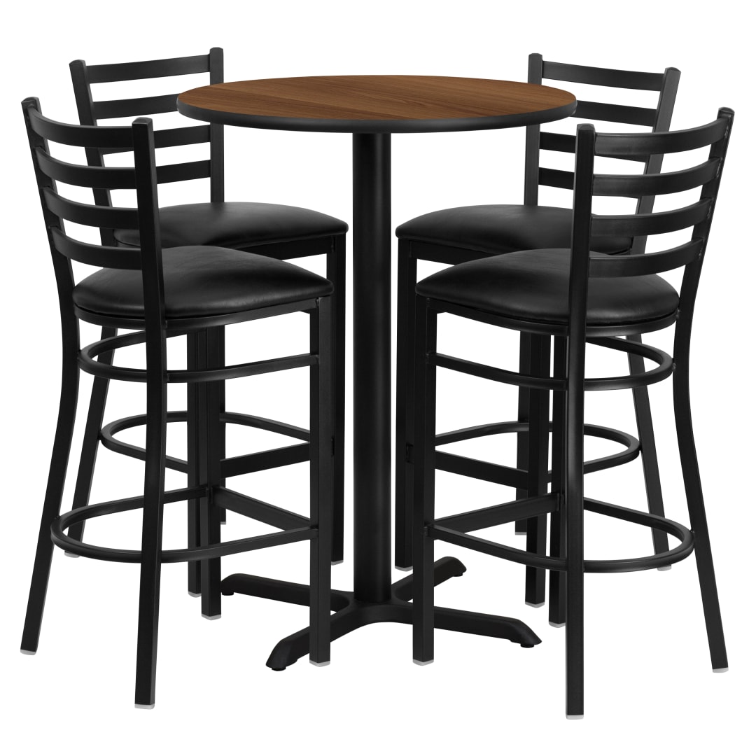 Carlton 30'' Round Walnut Laminate Table Set with X-Base and 4 Ladder Back Metal Barstools - Black Vinyl Seat