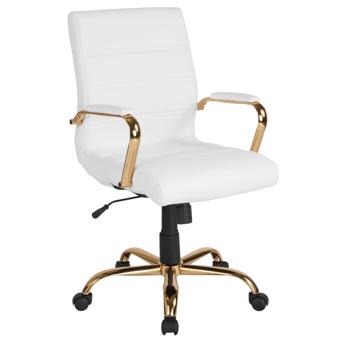 Whitney Mid-Back White LeatherSoft Executive Swivel Office Chair with Gold Frame and Arms