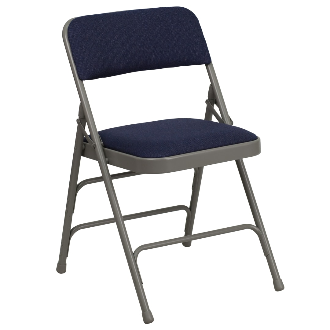 HERCULES Series Curved Triple Braced &amp; Double Hinged Navy Fabric Metal Folding Chair