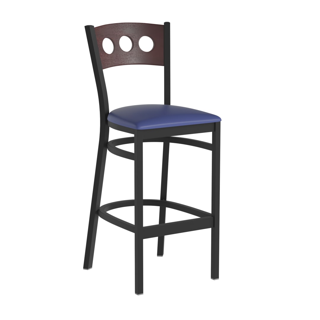 HERCULES Black 3 Circle Back Metal Restaurant Barstool - Walnut Wood Back, Blue Vinyl Seat