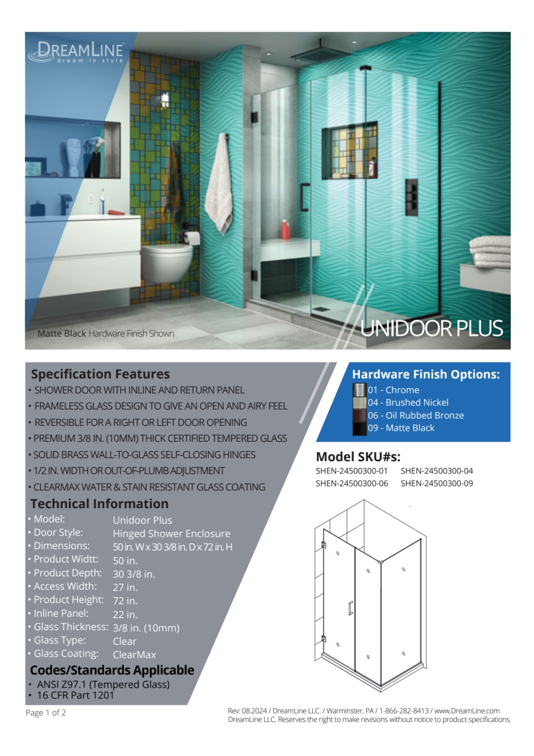 DreamLine Unidoor Plus 50 inch W x 30 3/8 inch D x 72 inch H Frameless ...