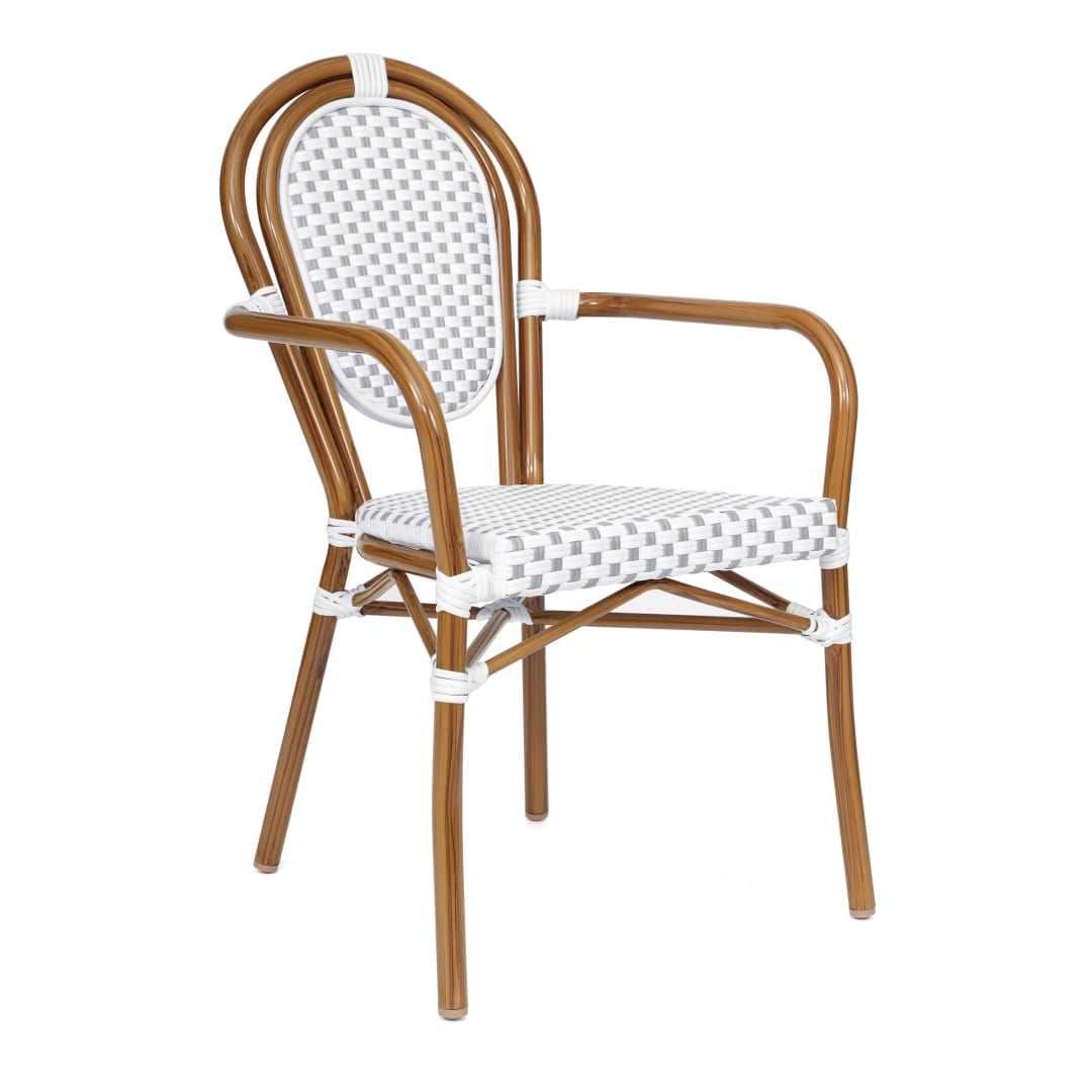 Lourdes Indoor/Outdoor Commercial Thonet Bistro Stacking Chair with Arms, White and Gray PE Rattan and Bamboo Print Aluminum Frame in Natural
