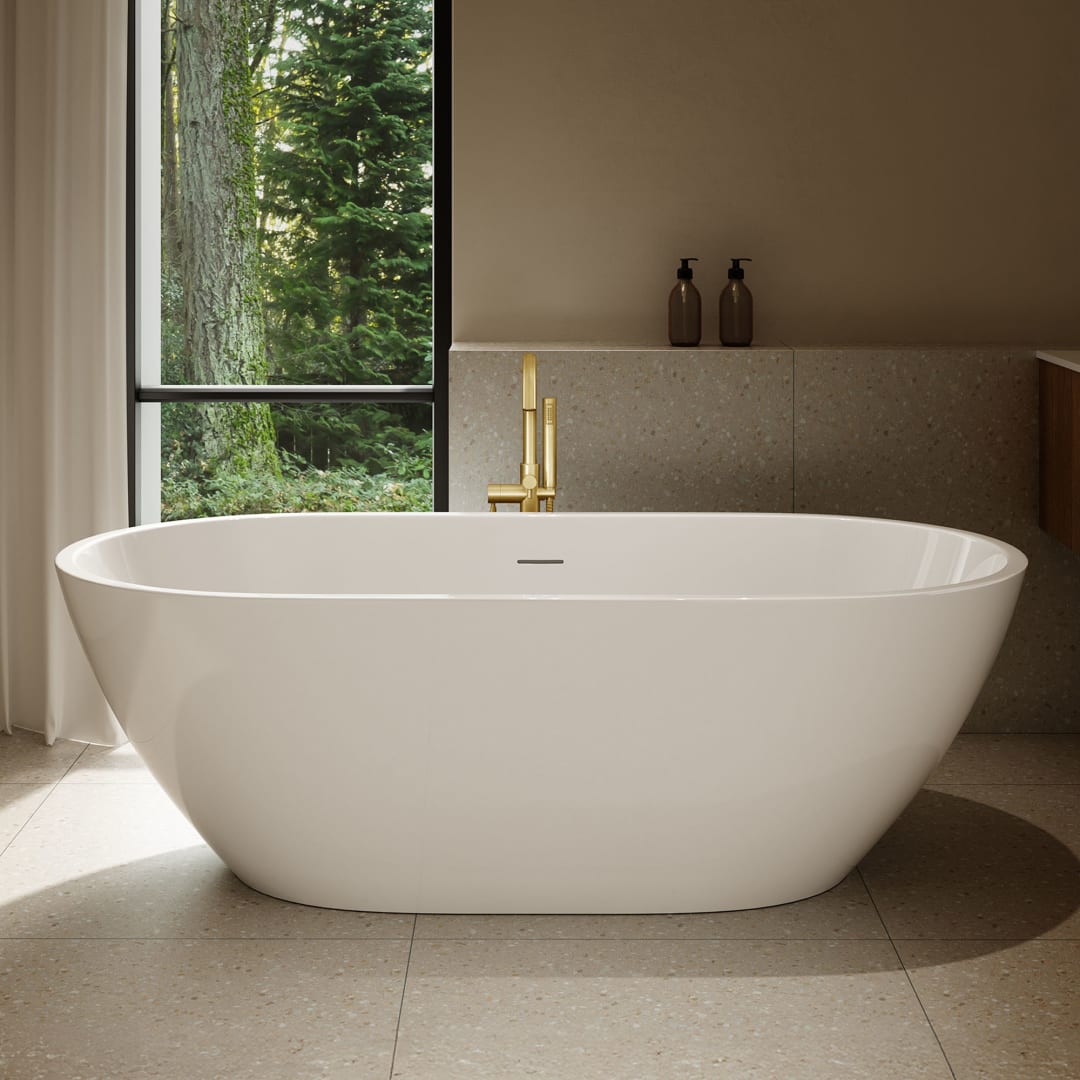 OVE Ayago 66 in. Freestanding Bathtub Kit, Glossy White, Including an extra Brushed Gold Pop-up Drain Cap