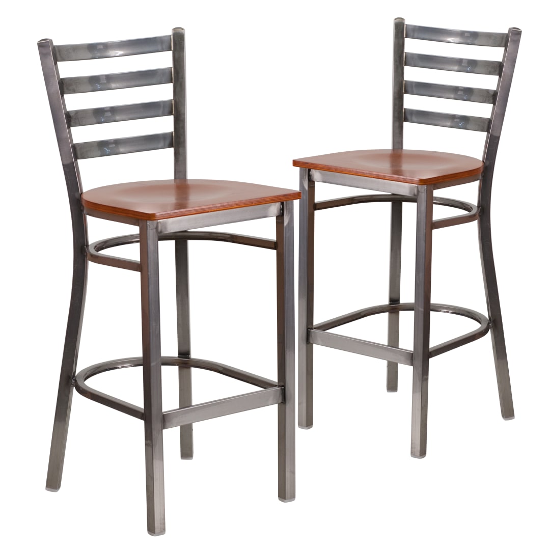 2 Pack HERCULES Series Silver Antique Finish with Clear Coat Ladder Back Metal Restaurant Barstool - Cherry Wood Seat