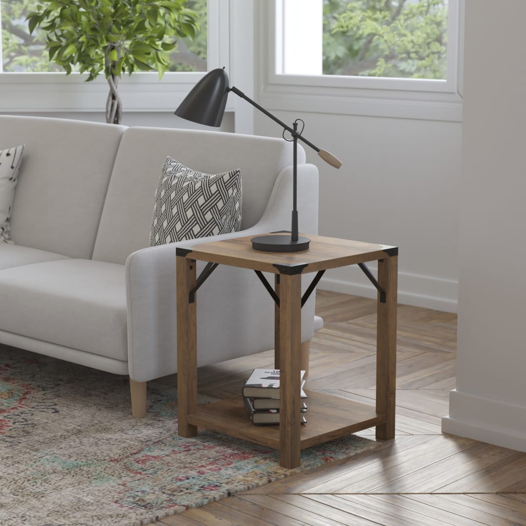 Wyatt Modern Farmhouse Wooden 2 Tier End Table with Black Metal Corner Accents and Cross Bracing, Rustic Oak