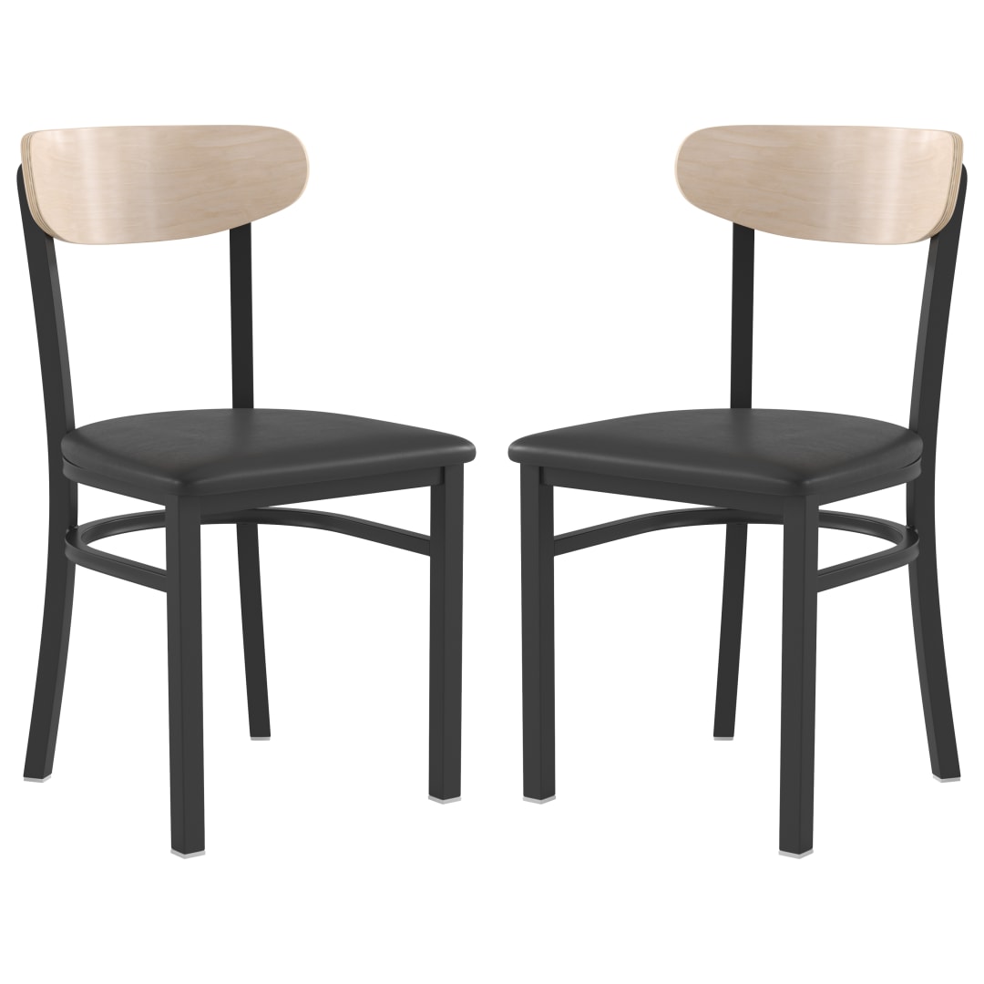 Wright Set of 2 Commercial Dining Chairs with 500 LB. Capacity Black Steel Frame, Natural Birch Finish Wooden Boomerang Back, and Black Vinyl Seat