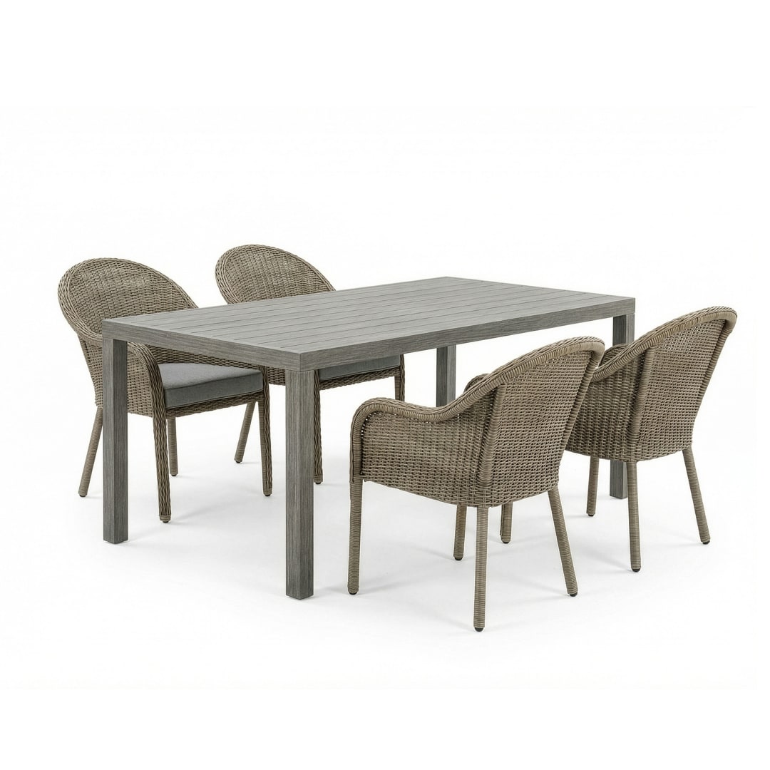 Bedford 5 Piece Patio Set, 4 Stacking Weathered Gray Rattan Wicker Chairs, Gray Cushions, 62 Inch Rectangular Gray Brushed Woodgrain Aluminum Table