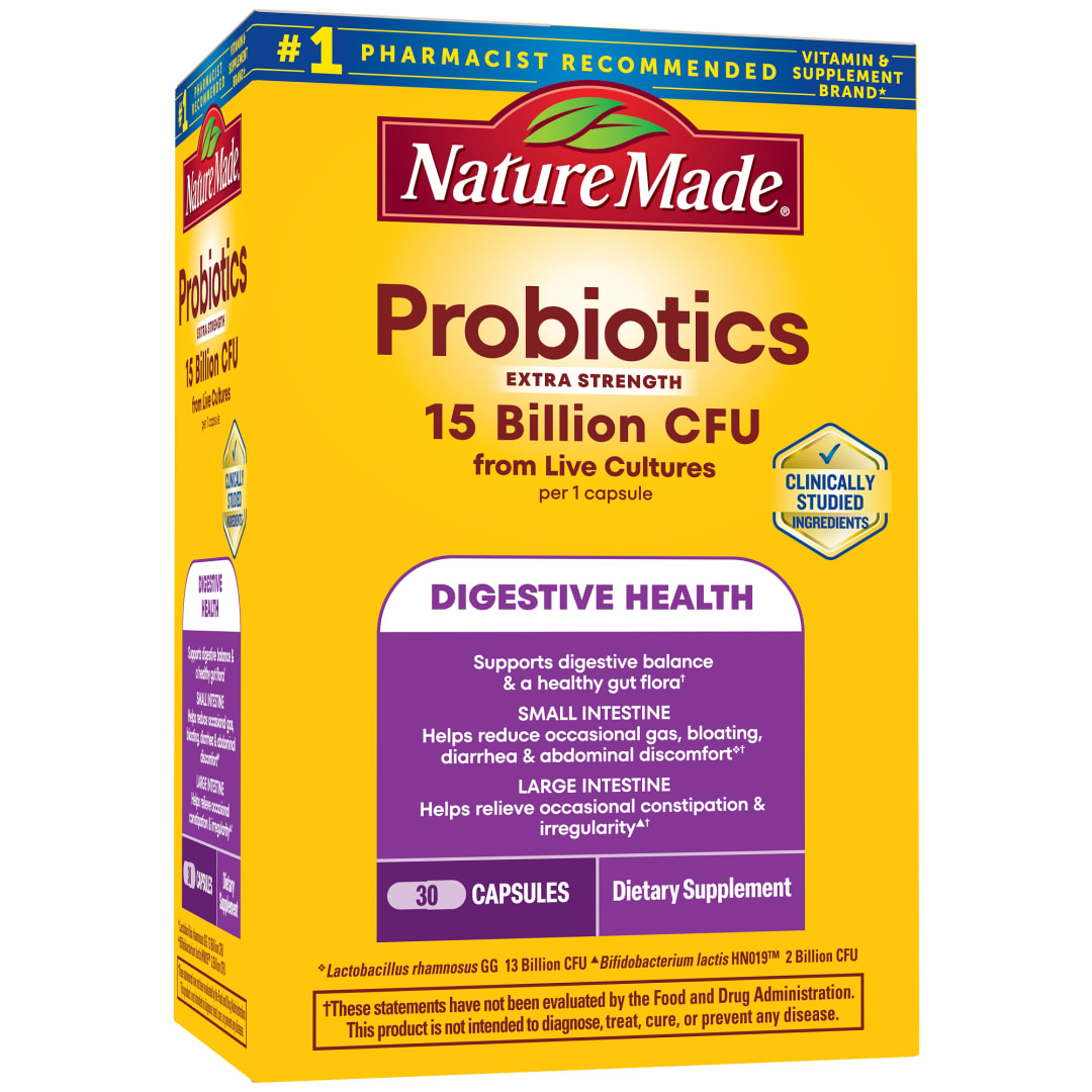 Nature Made Probiotics for Digestive Health Extra Strength 15 Billion CFU from Live Cultures, Probiotics for Women and Men, 30 Probiotic Capsules, 30 Day Supply