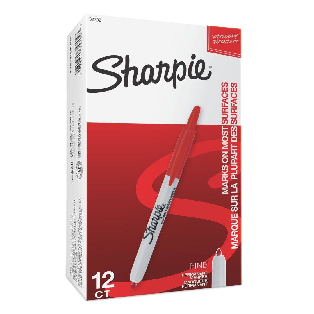 Sharpie® Retractable Permanent Markers, Fine Point, Red, 12 Count
