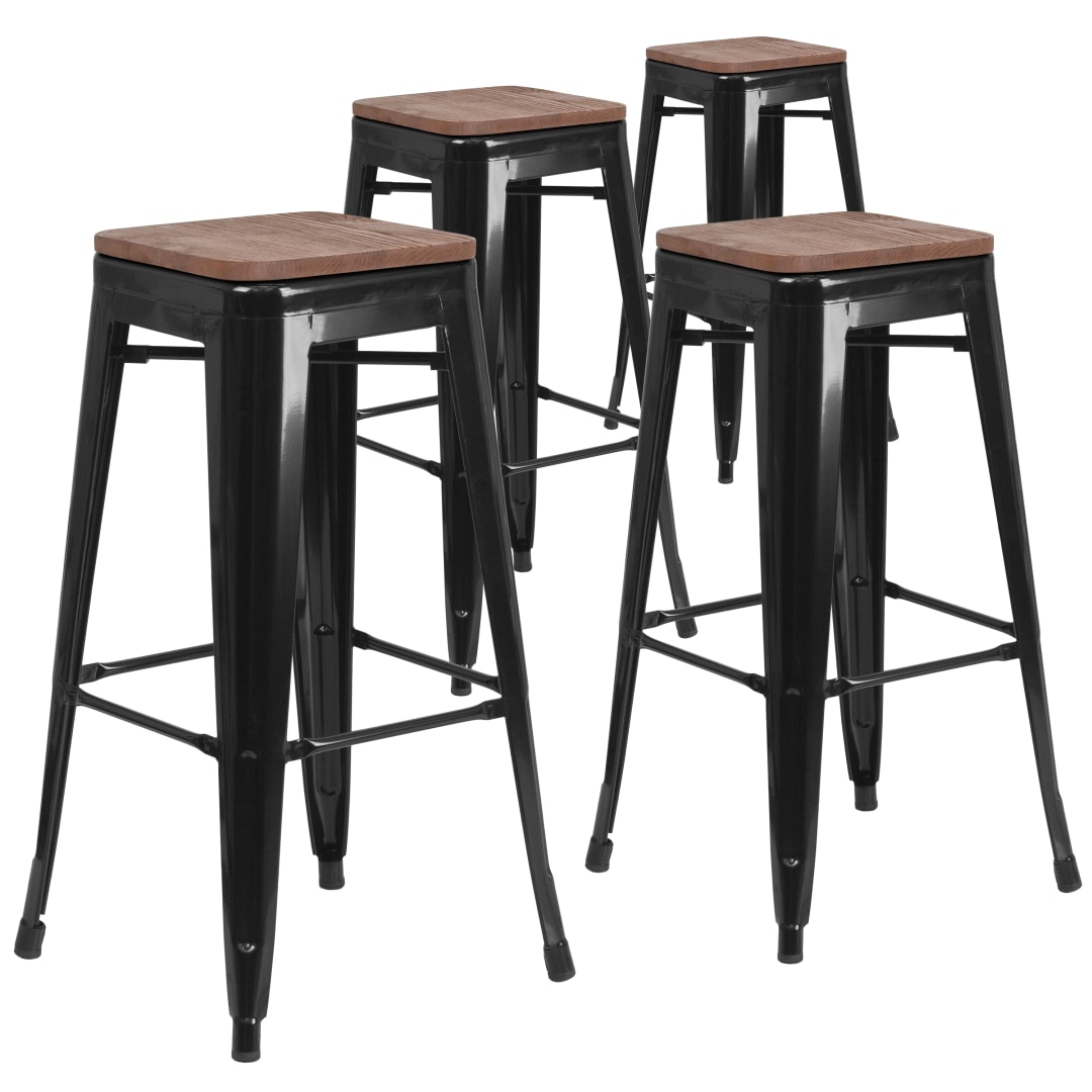 Lily 4 Pack 30" High Backless Black Metal Barstool with Square Wood Seat