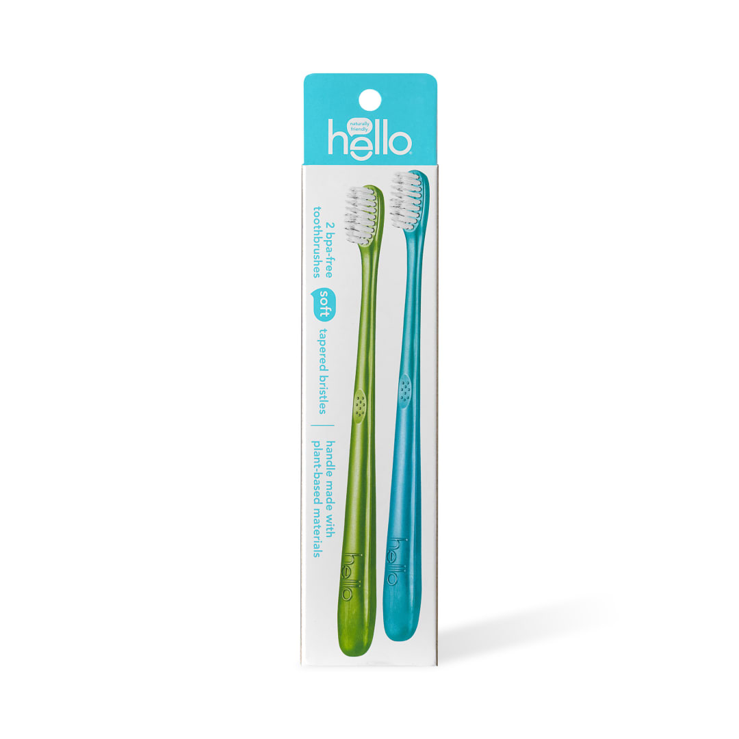 hello Adult Soft Bristle Toothbrush Pack, Blue and Green, 2 Count