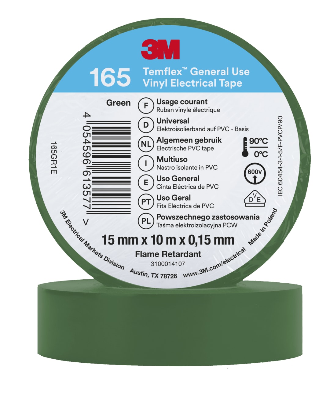 3M™ Temflex™ Vinyl Electrical Tape 165, Green, 15 mm x 10 m, 100 Rolls/Case