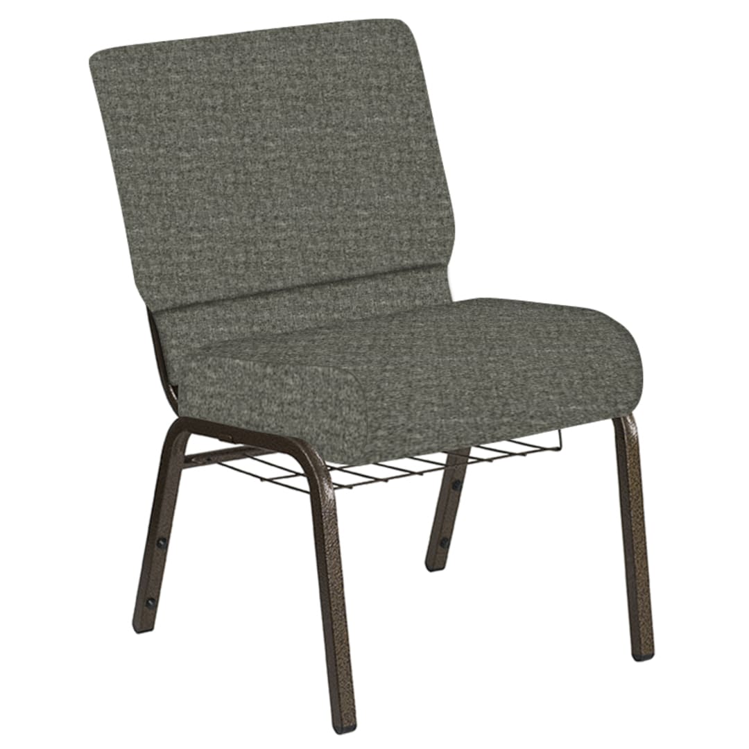 Embroidered 21''W Church Chair in Interweave Slate Fabric with Book Rack - Gold Vein Frame