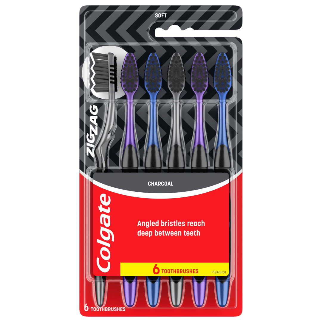 Colgate ZigZag Adult Soft Charcoal Toothbrushes, Soft Bristled Manual Toothbrushes, 6 Pack