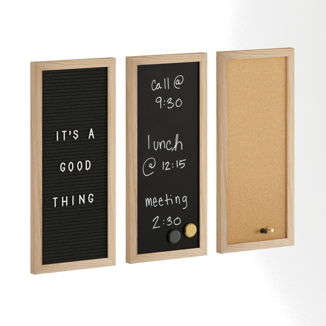 Everette 18" x 24" Cork Board, Chalk Board, Letter Board Set with Included Push Pins, Magnets, Liquid Chalk, Letters, Light Natural Woodgrain Frame