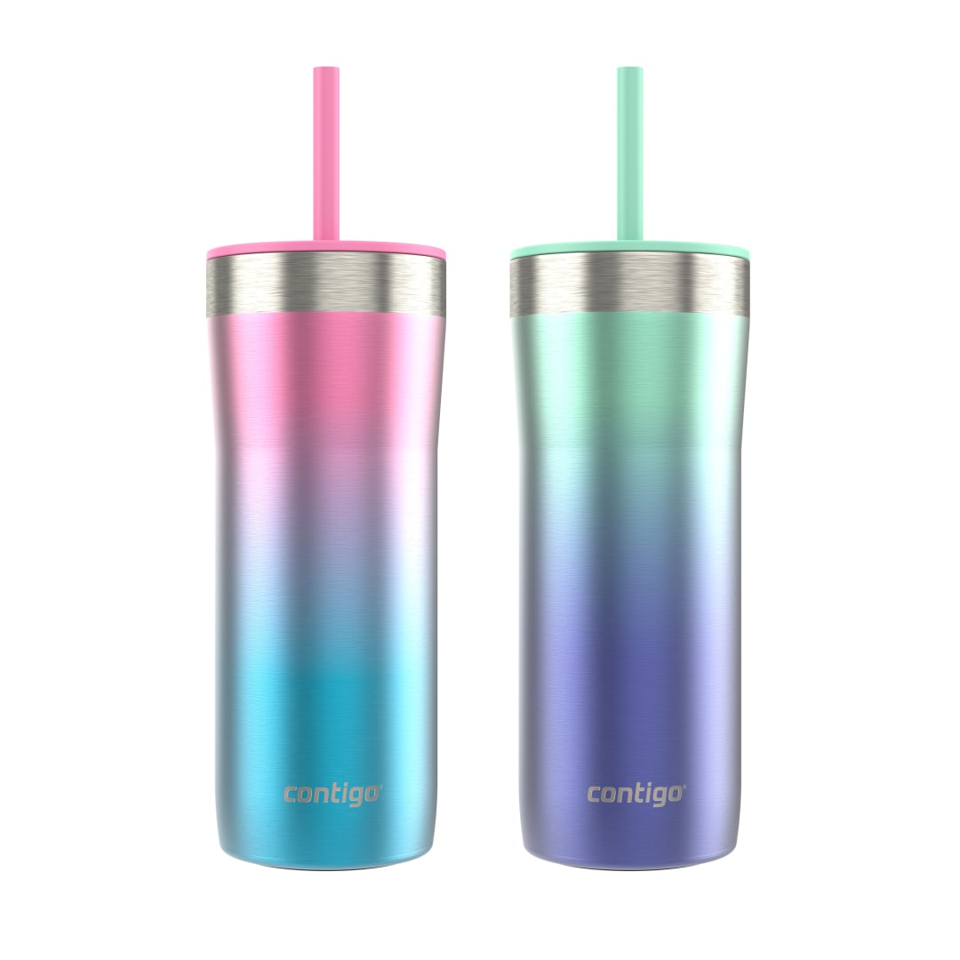 Gobelet Contigo Streeterville, acier inoxydable, isolation sous vide, couvercle anti-déversement avec paille en plastique, couleurs variées, 24 oz (709 mL), paquet de 2