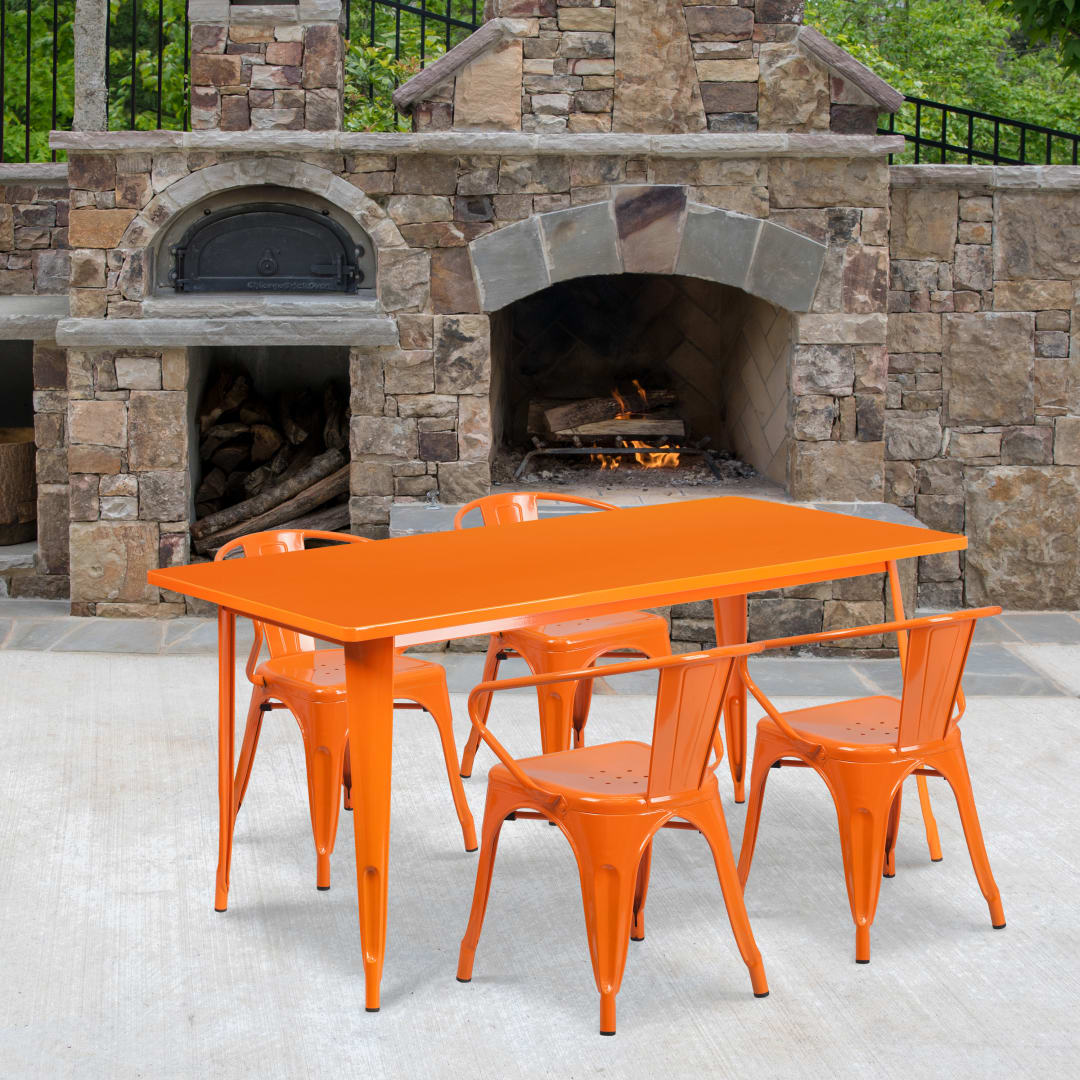 Fisher Commercial Grade 31.5" x 63" Rectangular Orange Metal Indoor-Outdoor Table Set with 4 Arm Chairs