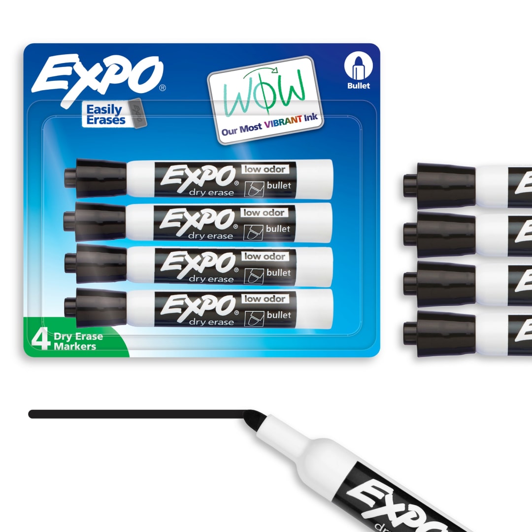 EXPO Dry Erase Markers, Low Odor Ink, Black, Bullet Tip, 4 Count
