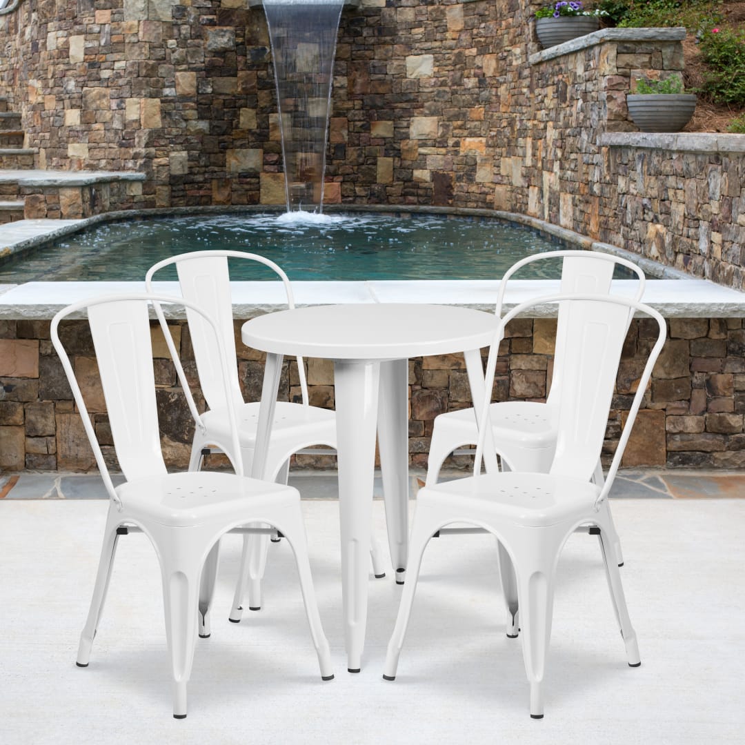 Chauncey Commercial Grade 24" Round White Metal Indoor-Outdoor Table Set with 4 Cafe Chairs