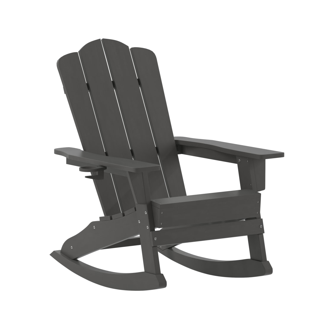 Newport Adirondack Rocking Chair with Cup Holder, Weather Resistant HDPE Adirondack Rocking Chair in Gray