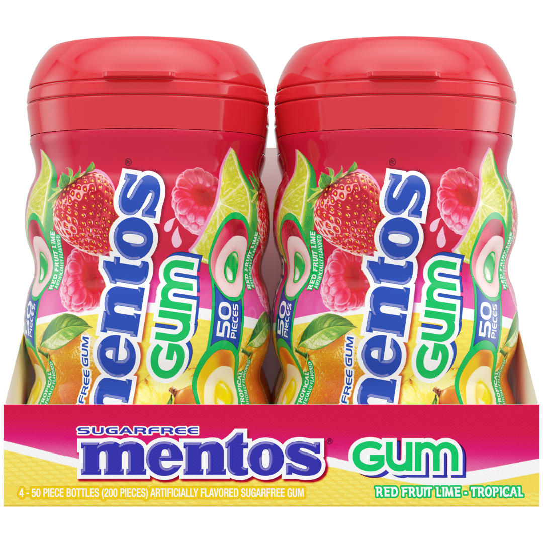 Mentos Gum Sugar Free Chewing Gum Red Fruit Lime &amp; Tropical 50 pc Curvy Bottles - 4 Pack