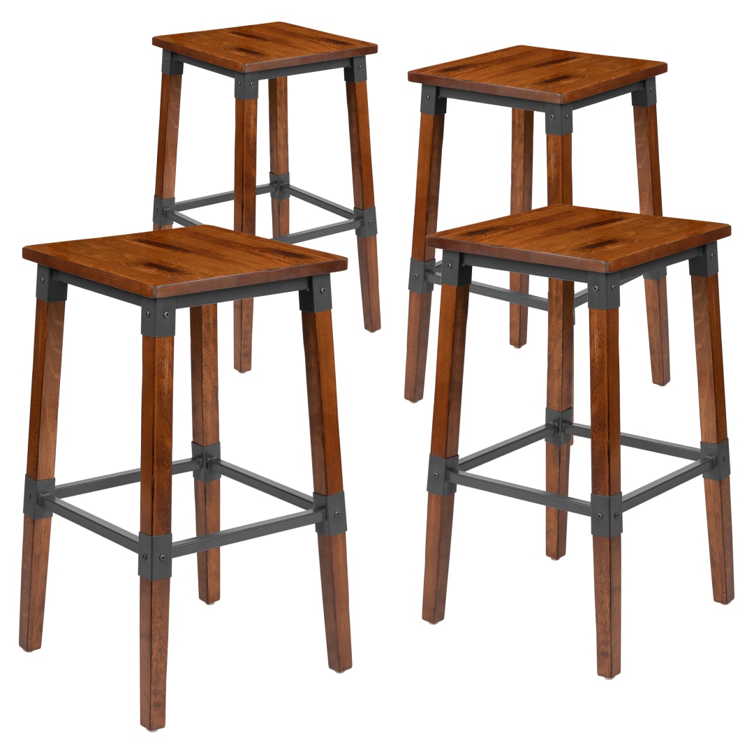 Jackson 4 Pack Rustic Antique Walnut Industrial Wood Dining Backless Barstool