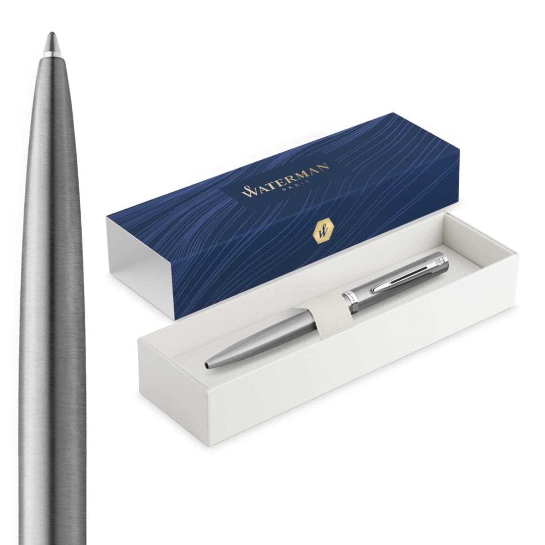 Waterman Impression Ballpoint Pen | Medium Tip with Blue Ink Refill | Stainless Steel with Palladium-Coated Trim | Gift Box
