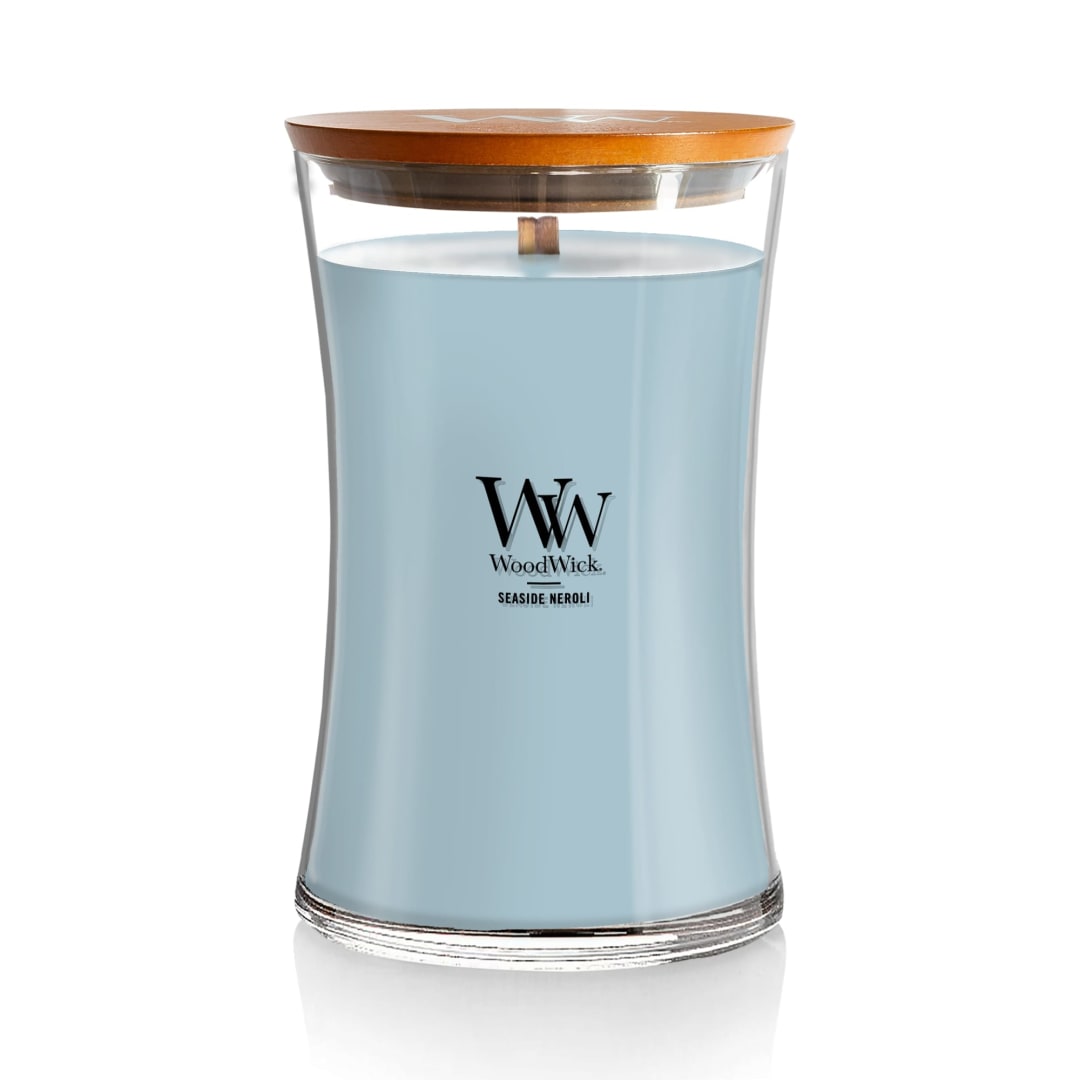 WoodWick Large Hourglass Candle Seaside Neroli - Premium Soy Blend Wax Pluswick Innovation Wood Wick Made in USA