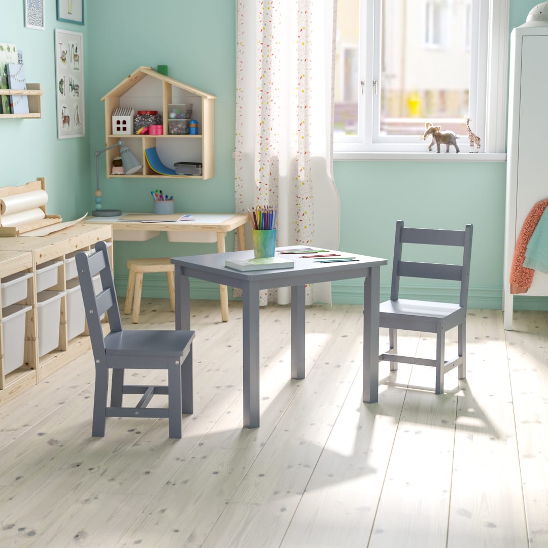 Kyndl Kids Solid Hardwood Table and Chair Set for Playroom, Bedroom, Kitchen - 3 Piece Set - Gray