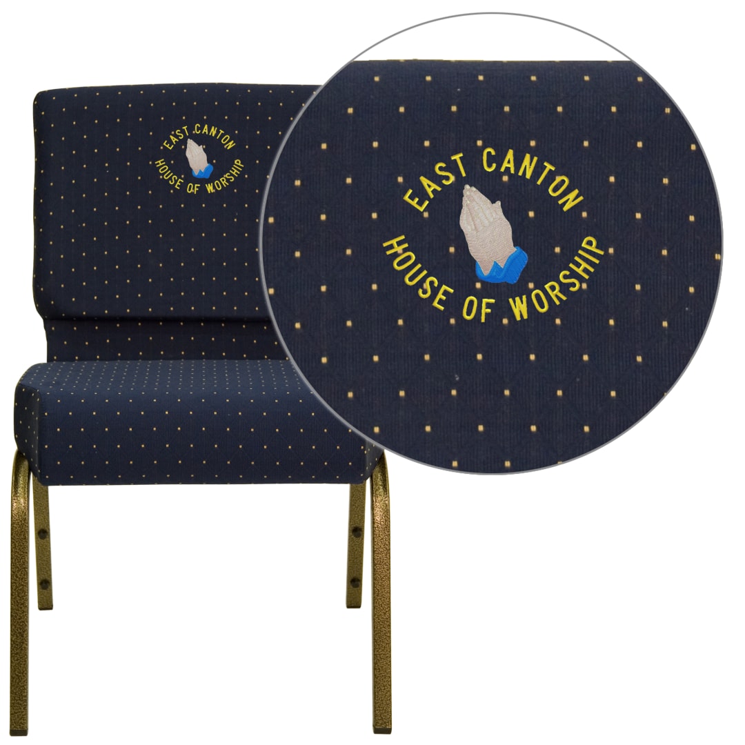 Embroidered HERCULES Series 21''W Stacking Church Chair in Navy Blue Dot Patterned Fabric - Gold Vein Frame
