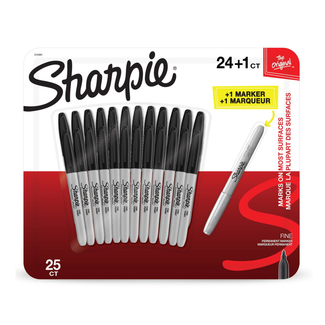 Sharpie® Permanent Markers, Fine Point, Black with Metallic Silver Bonus, 25 Count