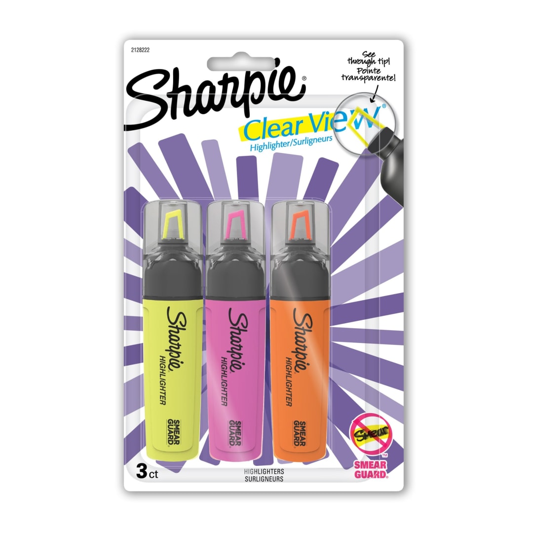 Sharpie® Highlighter, Clear View Highlighter with See-Through Chisel Tip, Tank Highlighter, Assorted, 3 Count