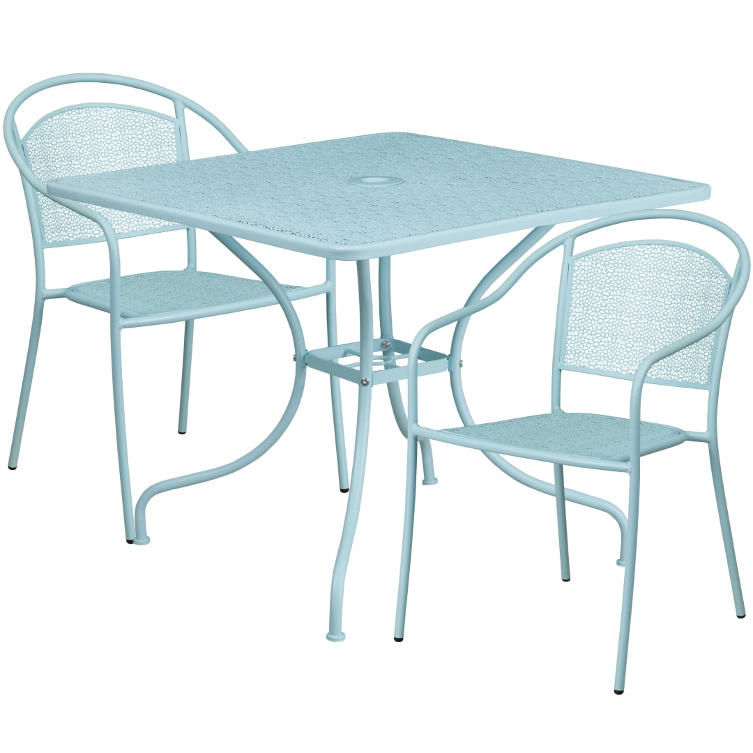 Oia Commercial Grade 35.5" Square Sky Blue Indoor-Outdoor Steel Patio Table Set with 2 Round Back Chairs